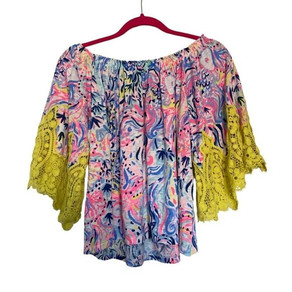 Lilly Pulitzer Zaylee Off Shoulder Crochet Sleeves Size XS - Picture 2 of 4